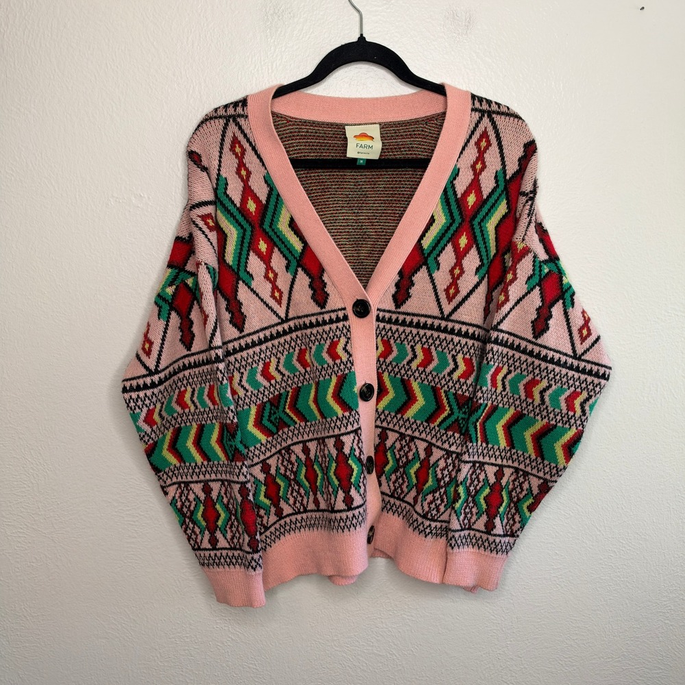 Farm Rio Amulet Cardigan Pink Geometric Diamond Knit Button Front Sweater M - Picture 4 of 9